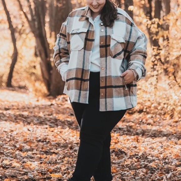 Plaid Stripe Tan Oversized Flannel Shirt Shacket - Picture 2 of 5